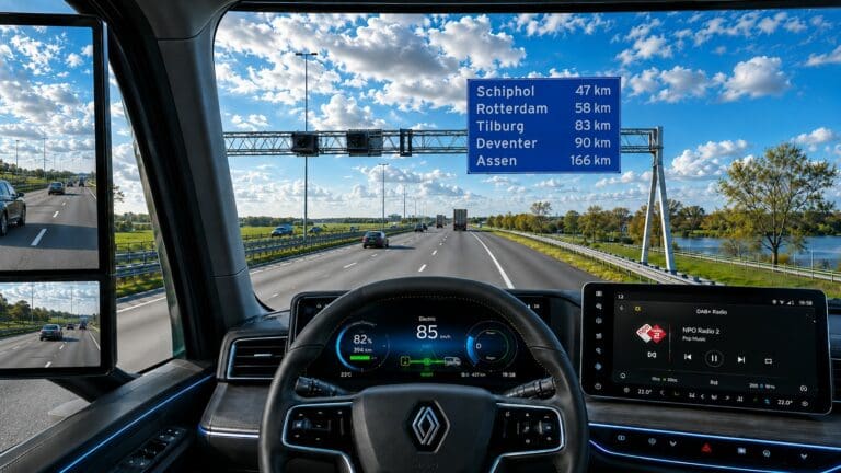 Bestuurdersperspectief vanuit een moderne elektrische Renault-truck op de Nederlandse snelweg, met een verkeersbord naar de vijf vestigingen van Sluyter Logistics.