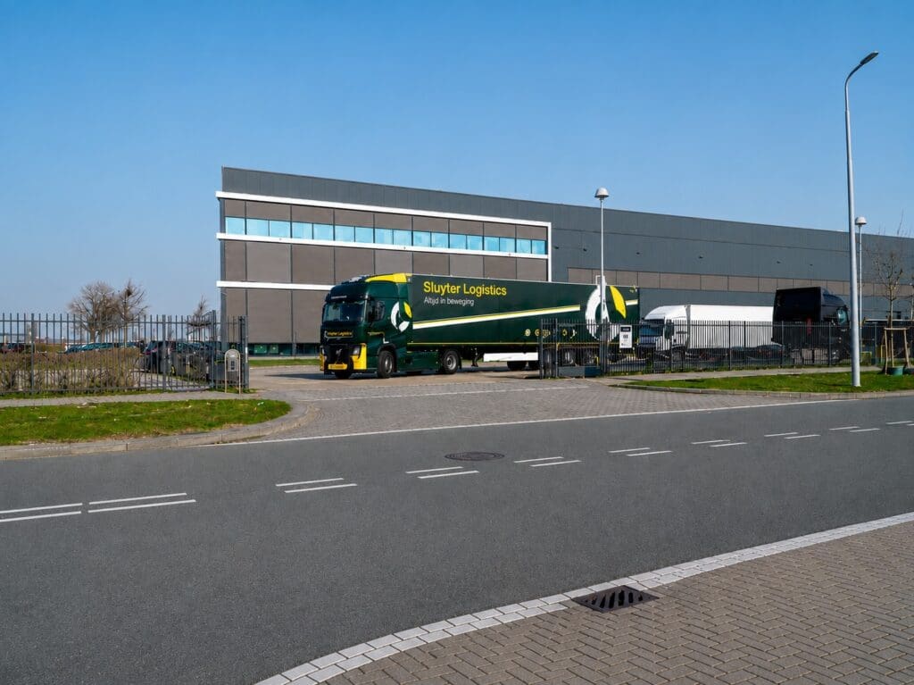 Vrachtwagen van Sluyter Logistics bij de ingang van een modern logistiek bedrijfsgebouw op Schiphol.