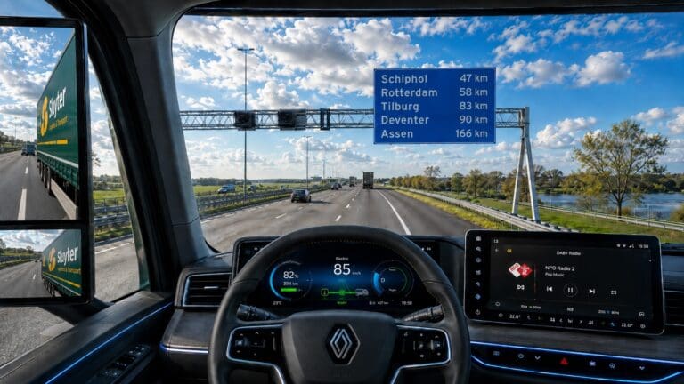 Bestuurdersperspectief vanuit een elektrische Renault-vrachtwagen van Sluyter Logistics op een Nederlandse snelweg, met een verkeersbord richting Schiphol, Rotterdam, Tilburg, Deventer en Assen.